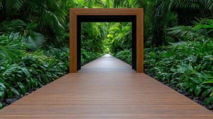 a photostock of a geometric pavilion in a public park surrounded by lush greenery, contemporary outdoor design 2025