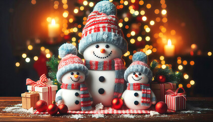 Three snowmen with hats and scarves are standing in front of a Christmas tree