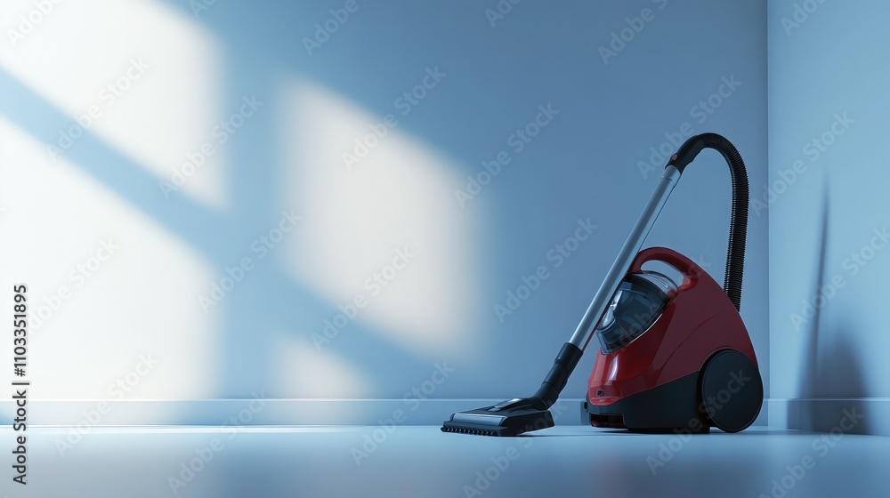Poster Modern Red Vacuum Cleaner in Minimalistic Interior with Soft Light and Shadows Highlighting the Clean and Tidy Environment Suitable for Home Cleaning Concepts