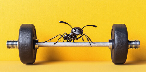 cute ant lifting weights on solid barbell against vibrant yellow background showcases determination and strength. This whimsical scene captures essence of fitness and fun