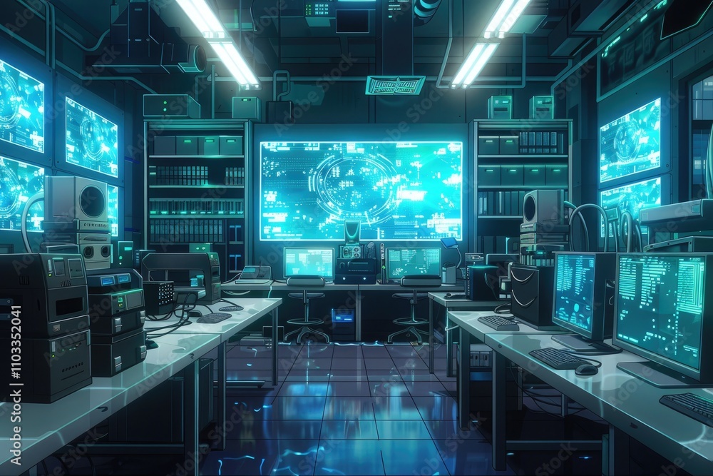 Poster a high-tech control room filled with monitors and equipment for data analysis and monitoring.