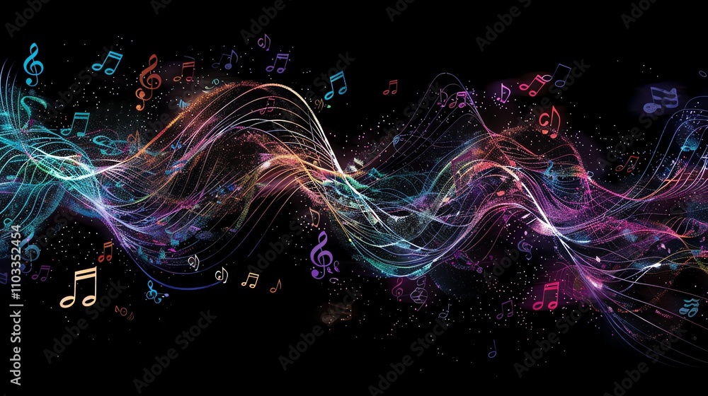 Poster a colorful abstract background of music notes and waves.