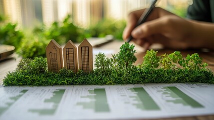 Miniature models of homes and trees placed on financial reports, representing sustainable living and natural integration in urban environments.