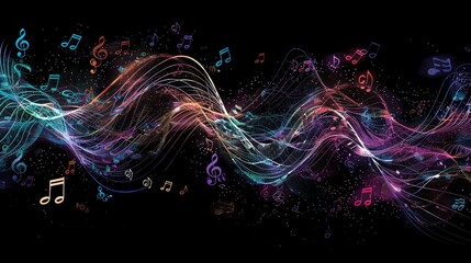 A colorful abstract background of music notes and waves.
