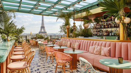 A Beautiful Bar with Pink Seats and Plants in the Centre of Paris Overlooking the Eiffel Tower