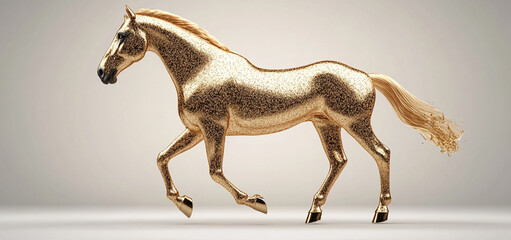 Obraz premium stunning 3D render of golden horse, crafted from liquid gold, showcases its elegant form and shimmering texture. This artwork captures beauty and grace of majestic creature