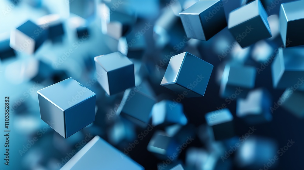 Poster a 3d rendering of blue cubes in a pattern.