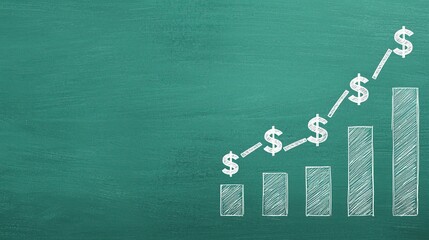A chalkboard with a graph showing increasing dollar amounts, symbolizing financial growth and progress.
