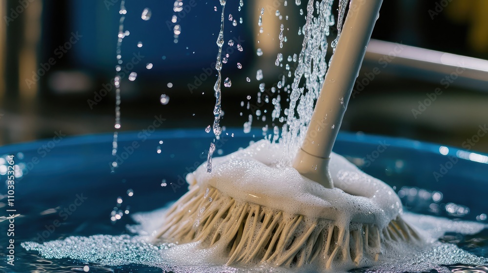 Aufkleber cleaning equipment in action: close-up of a brush soaking and creating bubbles in a blue bowl with f