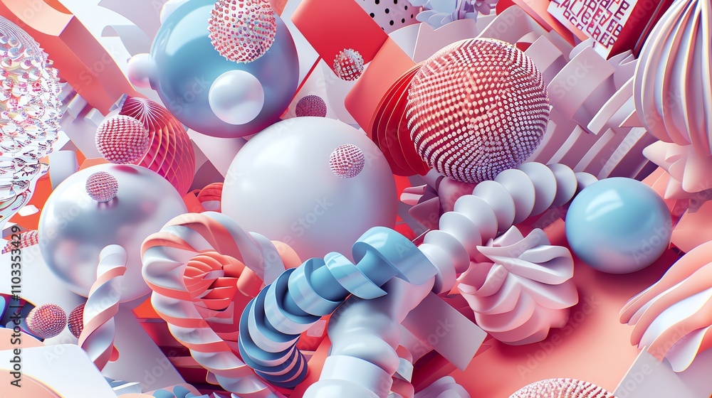 Poster a colorful and abstract 3d image of various geometric shapes and spheres.