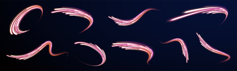 Acceleration speed motion on night road. Magic moving fast speed lines. Blurred car light motion effect, city road background with long exposure night lights. Png,  ray, abstract, energy, pack, effect