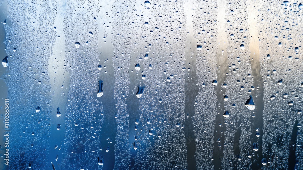 Poster close-up view of raindrops on a condensation-coated window with a beautiful blurred background, crea