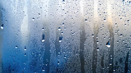 Close-Up View of Raindrops on a Condensation-Coated Window with a Beautiful Blurred Background, Creating an Atmospheric and Serene Visual Effect