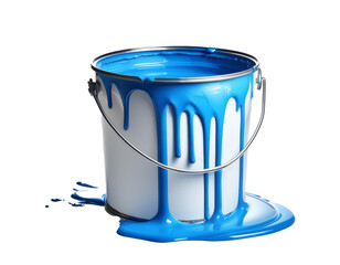 Bucket with blue paint, paint running out, isolated on transparent background, cut out
