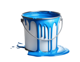 Bucket with blue paint, paint running out, isolated on transparent background, cut out