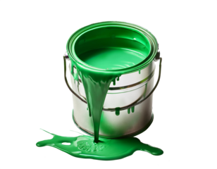 Bucket with green paint, paint running out, isolated on transparent background, cut out