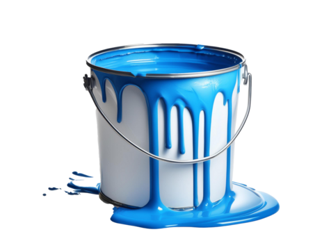Bucket with blue paint, paint running out, isolated on transparent background, cut out