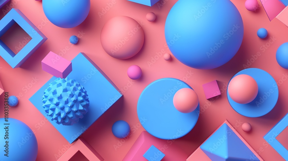 Poster abstract 3d rendering of colorful geometric shapes against a pink background.