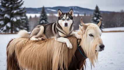 Husky Relaxing Majestically on Yak in Scenic Snow Covered Landscape