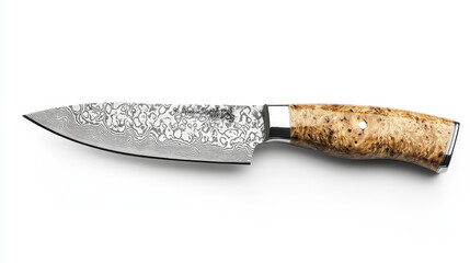 A single knife isolated on a white background, with a sharp metal blade 