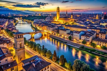 Fototapeta premium Aerial View of Verona City Center with Adigio River and Garibaldi Bridge on a Sunny Summer Day, Italy, Europe - Captivating Night Photography