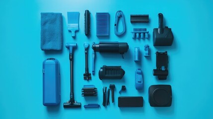 Fototapeta premium Collection of Various Blue Cleaning Tools and Accessories Arranged Creatively on a Bright Blue Background for Modern Home and Office Cleaning Purposes