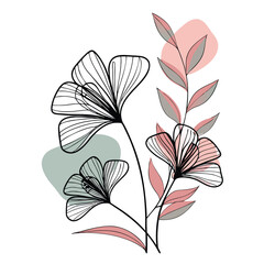 a minimalist vector illustration of delicate flowers with thin, black, wireframe petals and soft gradient coloring