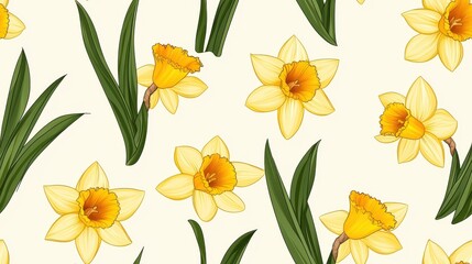 Vibrant Yellow Daffodils Blooming in Spring Garden Scene with Green Leaves
