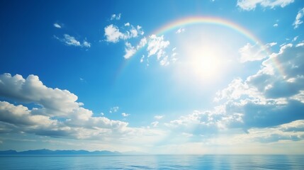 Fototapeta premium Bright sun shining over calm sea with scattered clouds during midday