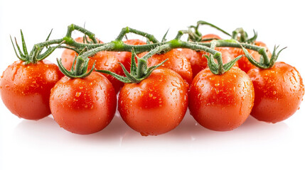 Dewy red tomatoes with water droplets, placed on a white background, highlighting their vibrant color and fresh appearance--ar 16:9 --v 6.1 Job ID: 4df8019a-386c-4123-b44c-f6941b973cc7
