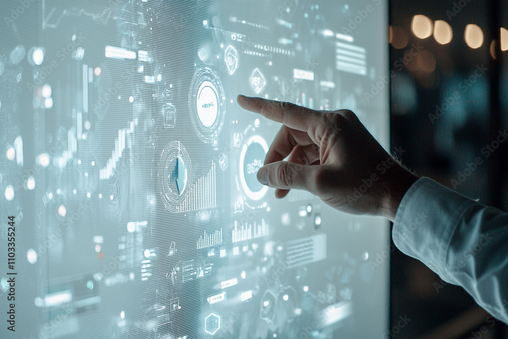 Poster interactive ai-generated data visualization digital workspace technology modern office close-up pers