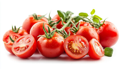Dewy red tomatoes with water droplets, placed on a white background, highlighting their vibrant color and fresh appearance--ar 16:9 --v 6.1 Job ID: 4df8019a-386c-4123-b44c-f6941b973cc7