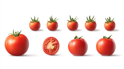 Fresh, newly harvested tomatoes arranged neatly on a white background