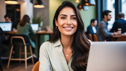 Fototapeta premium Young Woman Working on Laptop in Trendy Café Atmosphere