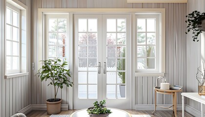 Fototapeta premium Sunroom interior, white French doors, wooden walls, light grey paneling, cream window frames, plants, coffee table near entrance, front door view.