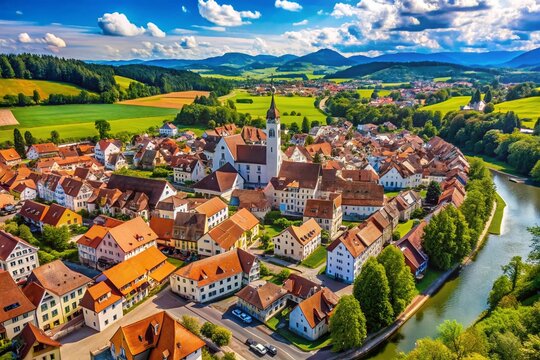 Aerial View of Wangen im Allg&auml;u's Ancient Medieval Old Town Captured from a Drone, Showcasing Historic Architecture and Charming Streets in a Picturesque Landscape