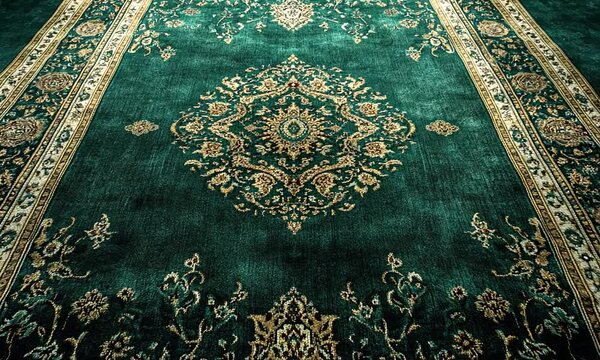 Elegant green patterned rug with intricate designs.