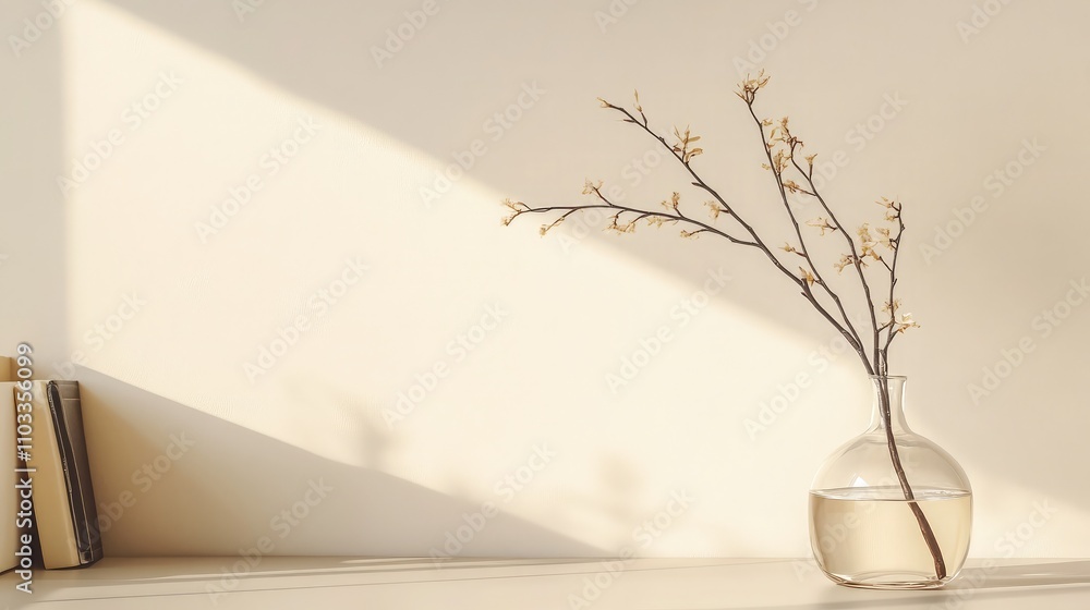 Poster minimalist still life of a delicate branch in a glass vase on a simple background with soft light an