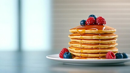 a photostock of a single pancake stack drizzled with maple syrup and berries on a ceramic plate, cozy breakfast 2025
