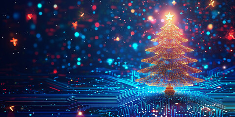 A golden-hued Christmas tree with a glowing star sits amid digital tech circuits, merging warmth and modern technology seamlessly for a festive design.