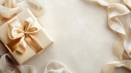 Elegant gift box with gold ribbon and delicate fabric drape creating luxurious ambiance