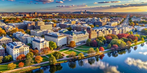 Aerial View of White Buildings on the Streets of Washington DC Showcasing Urban Architecture and Reflections in Water Bodies, Captured by Drone Photography