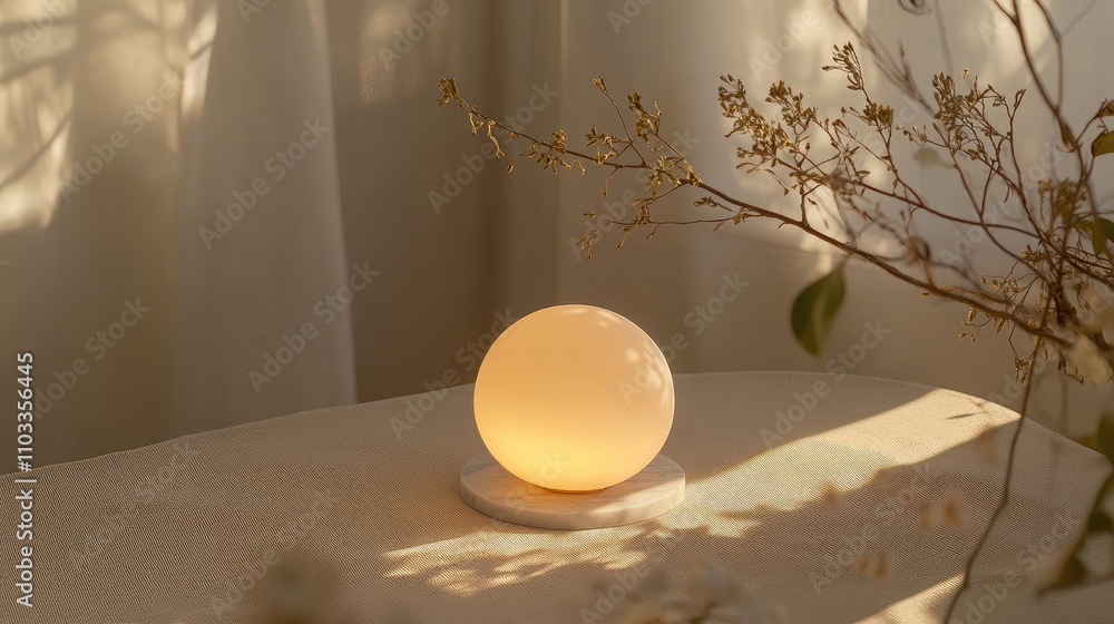 Aufkleber softly glowing round lamp on a table surrounded by delicate flowers and natural fabrics in warm ambi