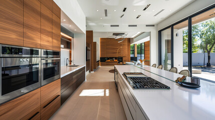 Fototapeta premium Interior of a modern kitchen with an island, built-in oven, and white counters.