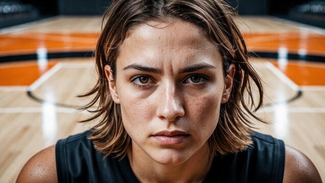 Intense Focus of a Female Basketball Player in an Indoor Court