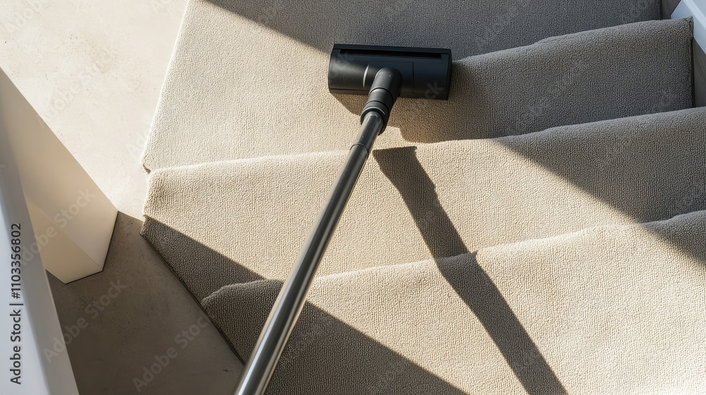 Poster close-up of a vacuum cleaner hose on carpeted stairs with soft lighting and shadows creating a clean