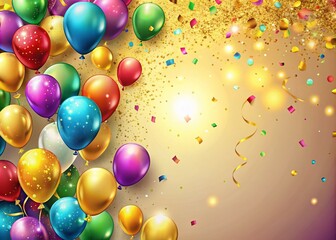A Festive Celebration Background with Confetti and Gold Balloons on the Right Side, Offering Ample Copy Space for Joyful and Engaging Designs, Perfect for Party Invitations and Promotions
