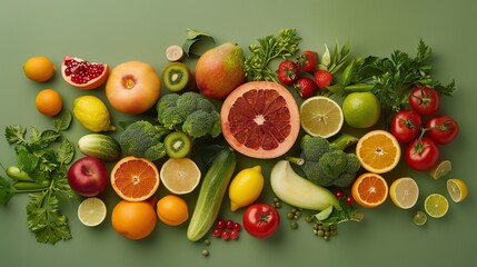 A variety of fresh fruits and vegetables on a green background.