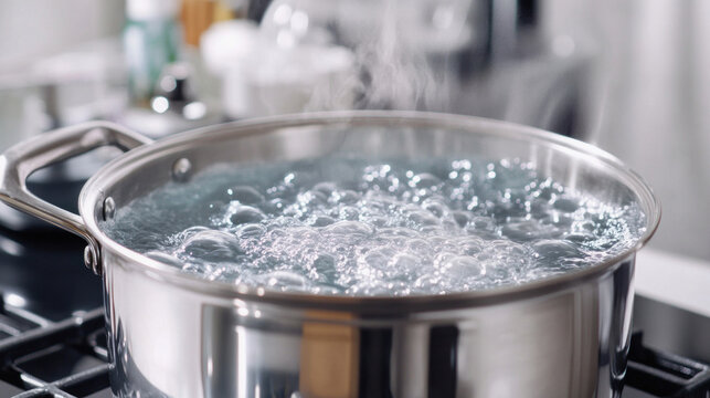 Boiling water in pot on stove creating steam in kitchen