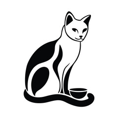 a vector silhouette of a cat sitting gracefully with its food bowl placed in front of her